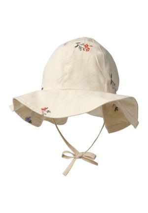 Kremfarget solhatt med bred brem, blomsterbroderi og haka stropper bundet i sløyfe.