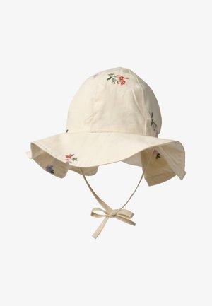 Kremfarget solhatt med bred brem, blomsterbroderi og haka stropper bundet i sløyfe.