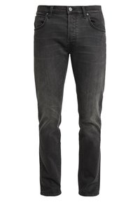 Jeans in denim nero con vestibilità slim, cinque tasche, chiusura con bottone e leggero sbiadimento. Presentano cuciture classiche e un design a gamba dritta.