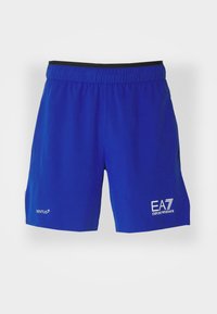 Blå sportshorts i lättviktsmaterial, med elastisk midja, sidofickor och logotypdetaljer för varumärkesprofilering.