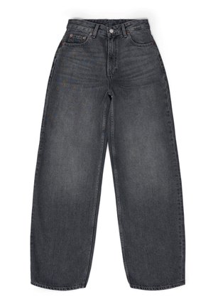 Dark grey high-waisted denim jeans with a loose, wide-leg fit. Features five pockets, a button fly, and contrasting stitching accents.