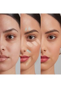 Trois portraits rapprochés d'un visage, montrant un teint nu à gauche, des échantillons de teintes vertes et beiges au milieu, et un maquillage complet à droite.