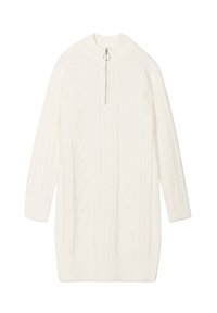 Robe en tricot côtelé blanc avec des manches longues, un col haut et une fermeture éclair quart à l'avant. Présente un motif texturé sur l'ensemble.
