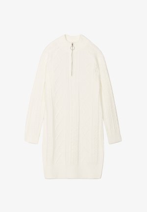 Biała sukienka swetrowa z plecionką, z długimi rękawami, wysokim kołnierzem oraz ćwierć zamkiem z przodu. Posiada fakturowany wzór w całej powierzchni.