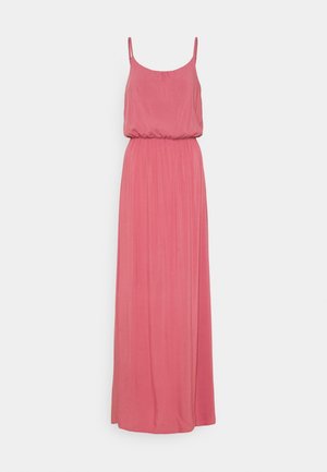Różowa długa sukienka maxi z regulowanymi ramiączkami, marszczonym pasem i zwiewnym dołem. Gładka faktura z prostym, minimalistycznym wzornictwem.