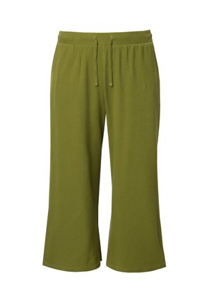 Olivově zelené kalhoty s širokými nohavicemi vyrobené z texturované látky, s elastickým pasem na šňůrku a bez viditelných kapes.