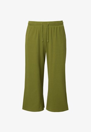 Pantaloni a gamba larga verde oliva realizzati in tessuto strutturato, con vita elastica e coulisse, senza tasche visibili.