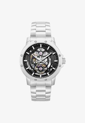 Hopeinen Kenneth Colen miesten rannekello mustalla skeleton-taululla, näkyvillä vaihteilla, automaattisella koneistolla ja metallisella lenkkirannekkeella.