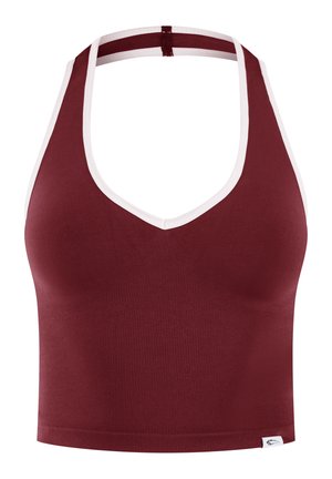 Top corto bordeaux con collo halter, rifinitura bianca, tessuto a coste e una piccola etichetta bianca con il logo sull'orlo inferiore.