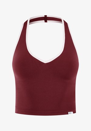 Top corto bordeaux con collo halter, rifinitura bianca, tessuto a coste e una piccola etichetta bianca con il logo sull'orlo inferiore.