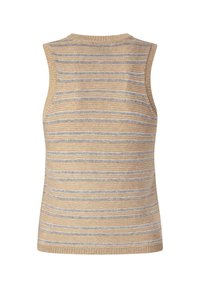 Gebreide mouwloze top in beige met horizontale strepen in lichtblauw. Heeft een ronde halslijn en een textuurafwerking.