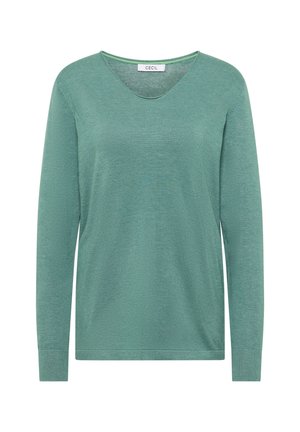 Langermige trui in gedempt groen, met een V-hals ontwerp, zachte textuur en geribbelde manchetten. Etiket zegt "CECIL." Eenvoudige en casual stijl.