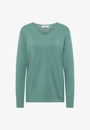 Jersey de manga larga en verde suave, diseño de escote en V, textura suave y puños acanalados. La etiqueta dice "CECIL". Estilo simple y casual.