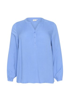 Light blue long-sleeve shirt with a V-neck and three-button placket. Features textured fabric with a loose fit and gathered sleeves.