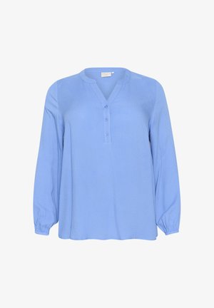 Lichtblauw langarmshirt met een V-hals en een drieknoopssluiting. Heeft een gestructureerde stof met een losse pasvorm en gathered mouwen.