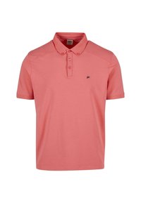 Ružičasta polo majica izrađena od glatkog pamučnog materijala. Ima klasični ovratnik, placket s tri dugmeta i mali brandirani logo na prsima.