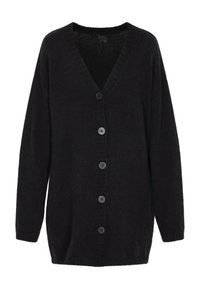 Schwarze Strickjacke aus weichem Strickmaterial, mit V-Ausschnitt, langen Ärmeln und sechs Knöpfen auf der Vorderseite zur Schließung.