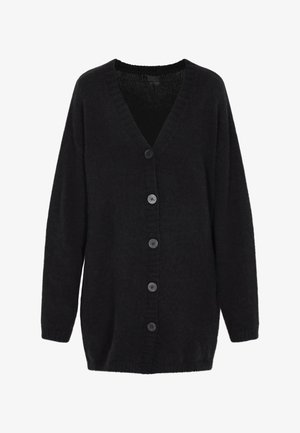 Schwarze Strickjacke aus weichem Strickmaterial, mit V-Ausschnitt, langen Ärmeln und sechs Knöpfen auf der Vorderseite zur Schließung.