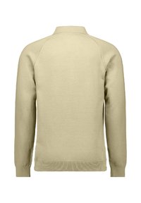 Licht beige gebreide trui met lange mouwen, ronde hals en geribbelde manchetten en zoom. Glad textuur, met een minimalistisch ontwerp.