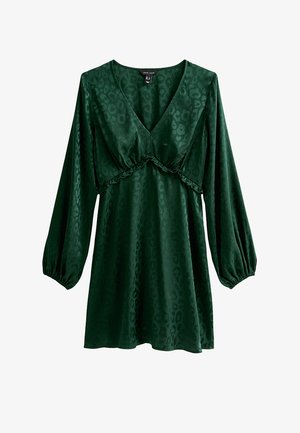 Grünes Kleid mit Leopardenmuster, langen ballonförmigen Ärmeln, tiefem V-Ausschnitt und einem gerafften Saum in der Taille. Hergestellt aus glattem Stoff.