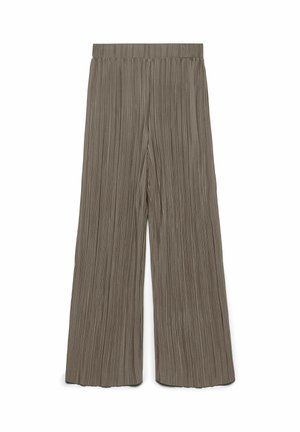 Pleated wide-leg trousers in a muted brown color. Made of textured fabric with a waistband for comfort. No visible hardware or accents.