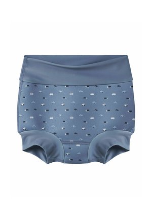 Niebieska pielucha do pływania z małym wzorem samochodów w kolorach białym, granatowym i jasnoniebieskim, wyposażona w szeroki pas i elastyczne wykończenia na nogawkach.