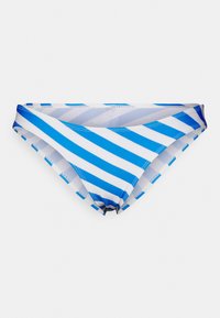 Parte de baixo de biquíni listrada em azul e branco com um design de cintura baixa, feita de um tecido suave e elástico, apresentando um corte clássico de roupa de banho.