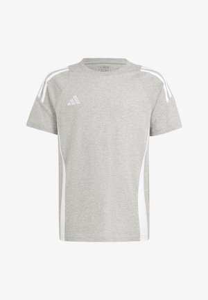 Graues sportliches T-Shirt aus Baumwollmischung. Mit weißen Seitenpaneelen und drei weißen Streifen an den Schultern. Standard Rundhalsdesign.