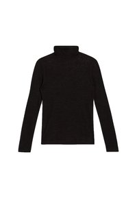 Schwarzer Rollkragenpullover mit langen Ärmeln, hergestellt aus einem weichen, strukturierten Stoff. Verfügt über eine figurbetonte Silhouette und einen hohen Kragen.
