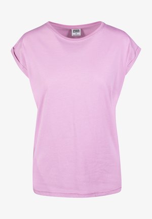 T-shirt rose à manches courtes en tissu doux, avec un col rond et des poignets roulés. Design simple et sans ornements.