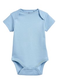 Világoskék, rövid ujjú baba body, puha pamutból készült. Az alján patentokkal zárható, és sima varrású kerek nyakkivágással rendelkezik.