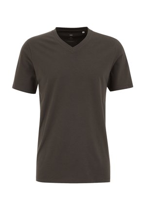 T-shirt grigio scuro a maniche corte con scollo a V, realizzato in tessuto morbido, con una texture liscia e una vestibilità comoda.