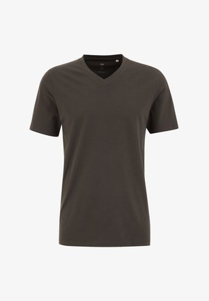 T-shirt grigio scuro a maniche corte con scollo a V, realizzato in tessuto morbido, con una texture liscia e una vestibilità comoda.