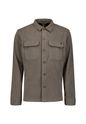 Bruine gestructureerde shirtjack met lange mouwen, knoopsluiting aan de voorkant, twee borstzakken en een klassieke kraag. Gemaakt van een zachte, duurzame stof.