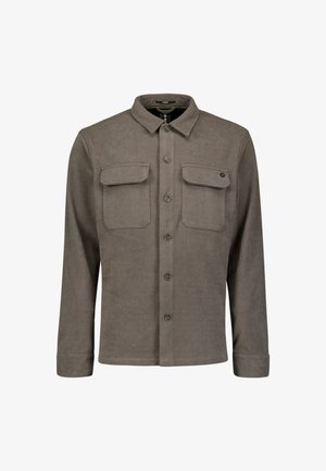 Bruine gestructureerde shirtjack met lange mouwen, knoopsluiting aan de voorkant, twee borstzakken en een klassieke kraag. Gemaakt van een zachte, duurzame stof.