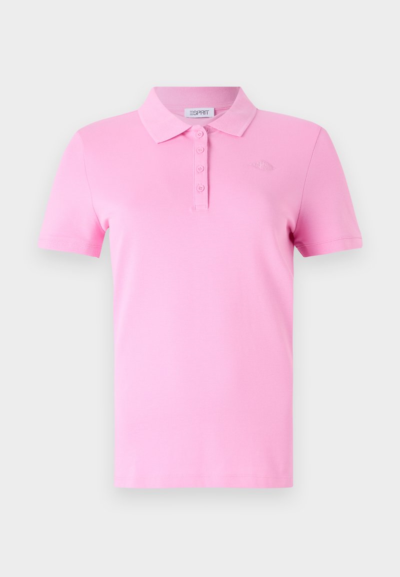 Helles rosa Polohemd aus glattem Stoff, mit Kragen, Knopfleiste mit drei Knöpfen und gesticktem Logo auf der Brust.