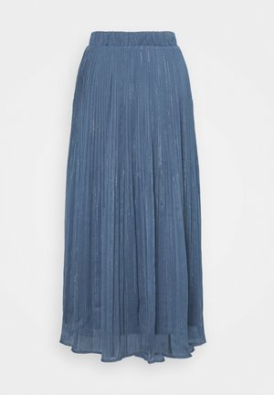 Blue pleated midi skirt with elastic waistband and subtle metallic vertical stripes, flowy fabric.