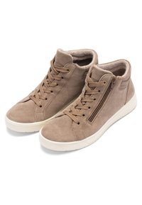 Paar beiger High-Top-Sneaker aus Wildleder mit weißen Sohlen, Schnürsenkeln vorne, seitlichem Reißverschluss und gepolstertem Innenfutter.