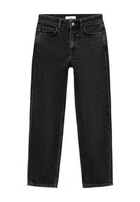 Jeans negros de cintura alta y pierna recta con cierre frontal de botón y cremallera, bolsillos delanteros y traseros, y trabas para cinturón.