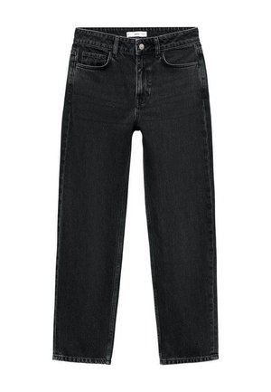 Jeans negros de cintura alta y pierna recta con cierre frontal de botón y cremallera, bolsillos delanteros y traseros, y trabas para cinturón.