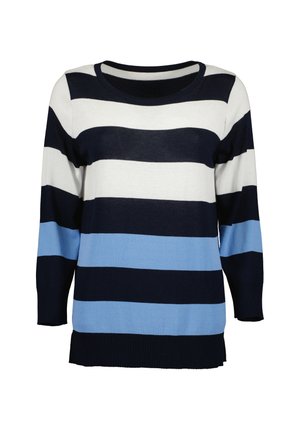 Svetr s dlouhými rukávy a kulatým výstřihem v námořnické modré, bílé a světle modré pruhy. Vyrobeno z pletené tkaniny s uvolněným střihem.