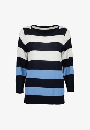 Navy, white, and light blue striped sweater with long sleeves and a round neckline. Made of knitted fabric with a relaxed fit.