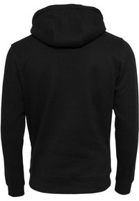 Black hoodie with a drawstring hood, made of soft fabric. Features ribbed cuffs, a straight hem, and no visible logos or patterns.
