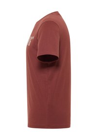 Tričko s krátkým rukávem z bavlny v barvě kaštanu. Klasický kulatý výstřih, rovný střih, boční pohled ukazuje jemnou strukturu a absenci vzorů nebo grafiky.