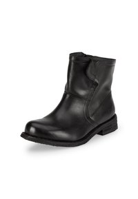 Black leather ankle boot with a rounded toe, side slits, and a low, textured heel. Smooth finish with minimal hardware and subtle stitching.
