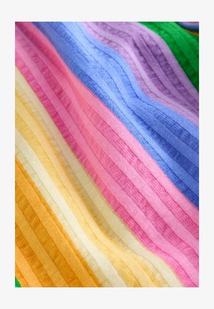 Puha kötött anyag zöld, lila, kék, rózsaszín, krém és narancssárga tónusú átlós csíkokkal.