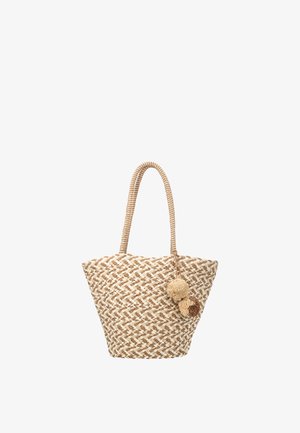 Sac fourre-tout en paille tissée avec une ouverture large, deux poignées arrondies et deux pompons décoratifs attachés à une poignée.