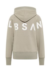 Light gray hoodie with a structured hood, ribbed cuffs, and hem. Features large white letters "LBSAN" on the back with a textured pattern.