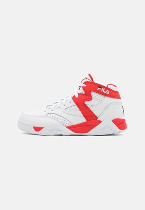 Wysokie sneakersy z białą skórzaną cholewką, czerwonymi akcentami, perforowanymi detalami i białą gumową podeszwą. Zawierają sznurówki i logo.