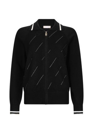 Cardigan nero a maglia con zip frontale, colletto a righe bianche e polsini a coste. Presenta motivi testurizzati e dettagli di design sottili.